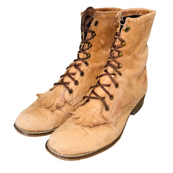 Laredo Womens Tan Leather Lace-Up Fringe Western Cottage Core Cowgirl Boots 8M - Picture 1 of 9